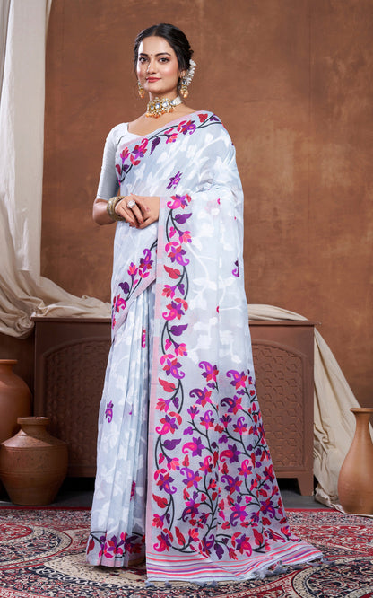 Minakari Inspired Traditional Woven Floral Nakshi Soft Jamdani Saree in Light Gray, Off White  and Multicolored