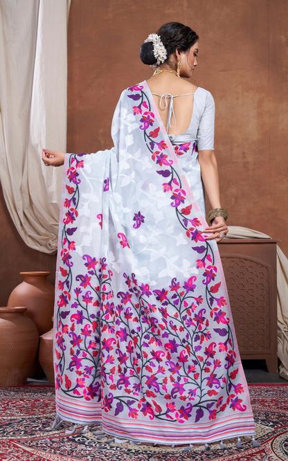 Minakari Inspired Traditional Woven Floral Nakshi Soft Jamdani Saree in Light Gray, Off White  and Multicolored
