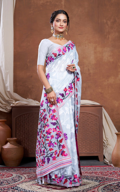 Minakari Inspired Traditional Woven Floral Nakshi Soft Jamdani Saree in Light Gray, Off White  and Multicolored