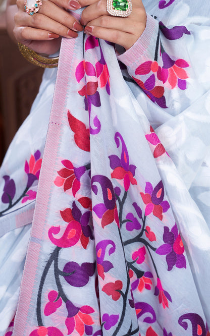 Minakari Inspired Traditional Woven Floral Nakshi Soft Jamdani Saree in Light Gray, Off White  and Multicolored