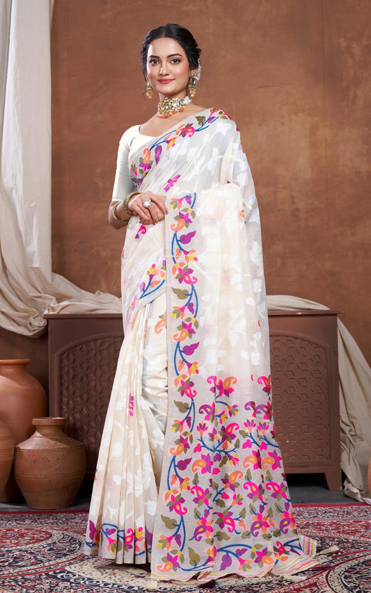 Minakari Inspired Traditional Woven Floral Nakshi Soft Jamdani Saree in Cream, Off White  and Multicolored