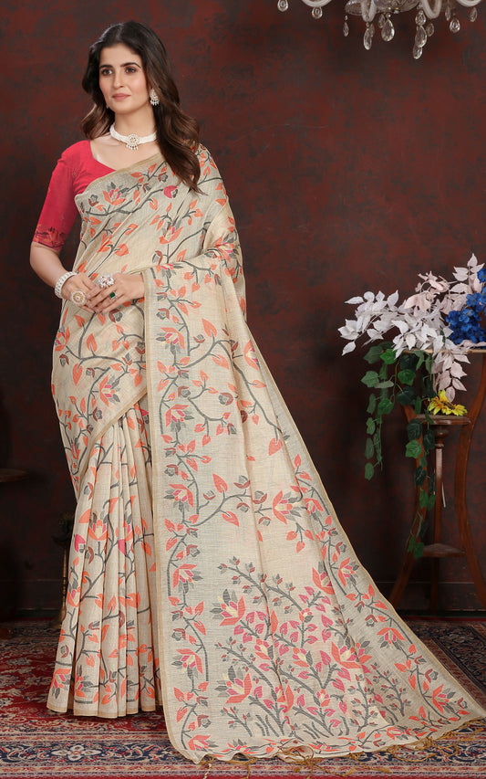 Tantuja Inspired Traditional Floral Nakshi Jaal Work Soft Jamdani Saree in Beige, Orange, Black and Multicolored
