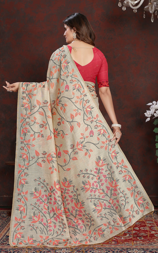 Tantuja Inspired Traditional Floral Nakshi Jaal Work Soft Jamdani Saree in Beige, Orange, Black and Multicolored