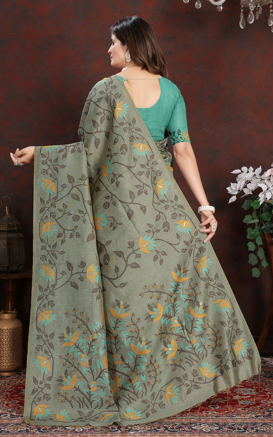 Tantuja Inspired Traditional Floral Nakshi Jaal Work Soft Jamdani Saree in Greige, Black and Multicolored