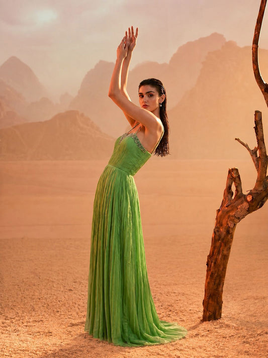 Off-Shoulder Tea-Green  Pure Chinnon Party Wear  Pleated Gown