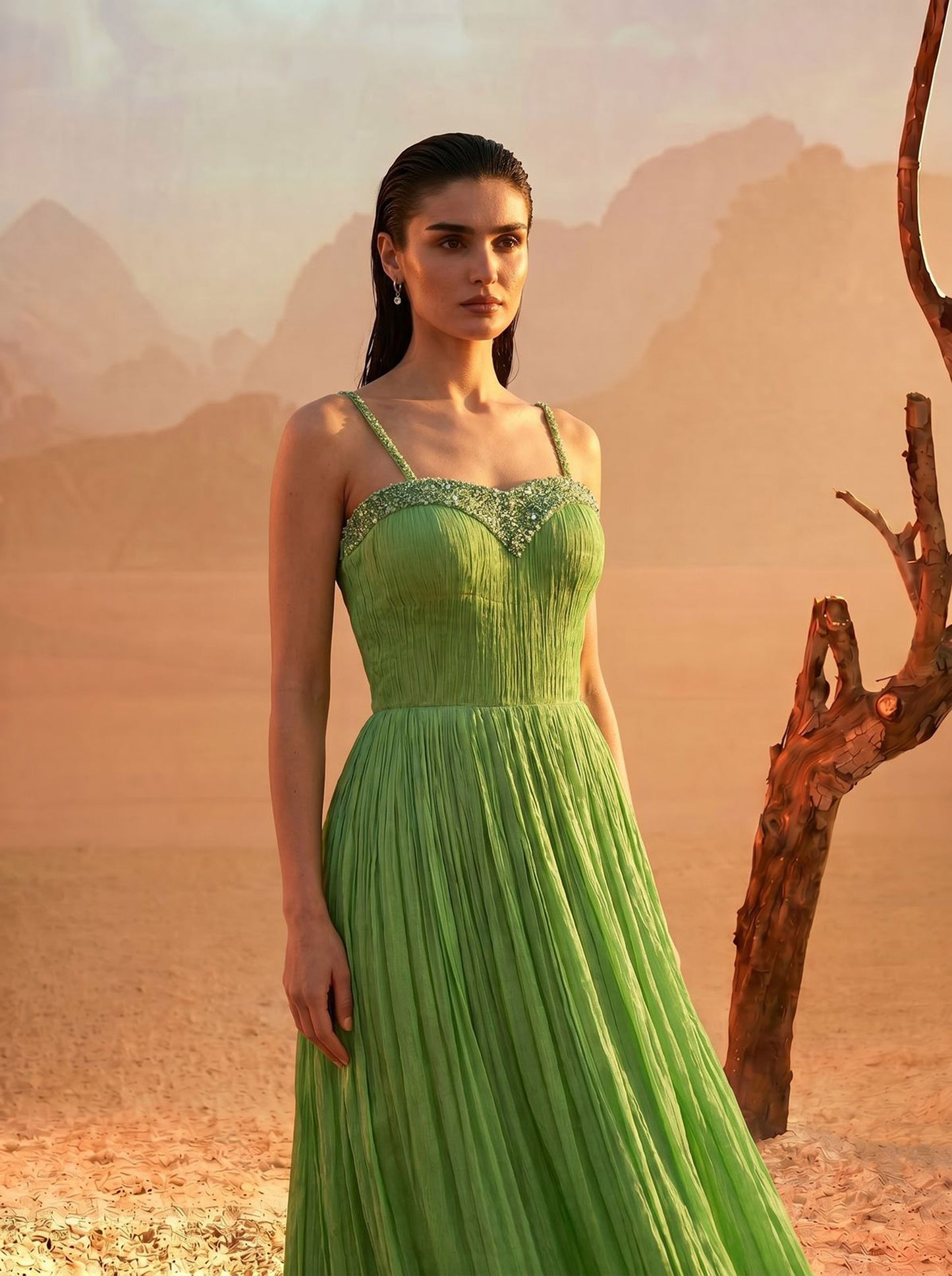 Off-Shoulder Tea-Green  Pure Chinnon Party Wear  Pleated Gown