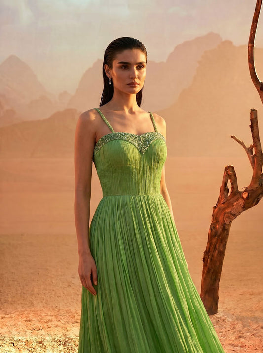 Off-Shoulder Tea-Green  Pure Chinnon Party Wear  Pleated Gown