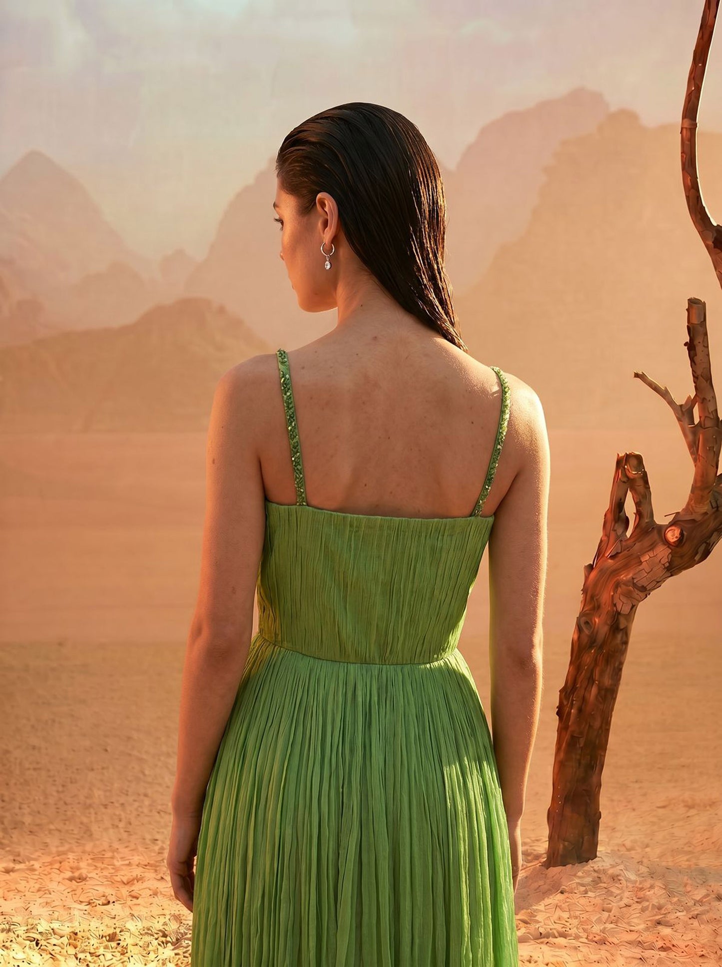 Off-Shoulder Tea-Green  Pure Chinnon Party Wear  Pleated Gown