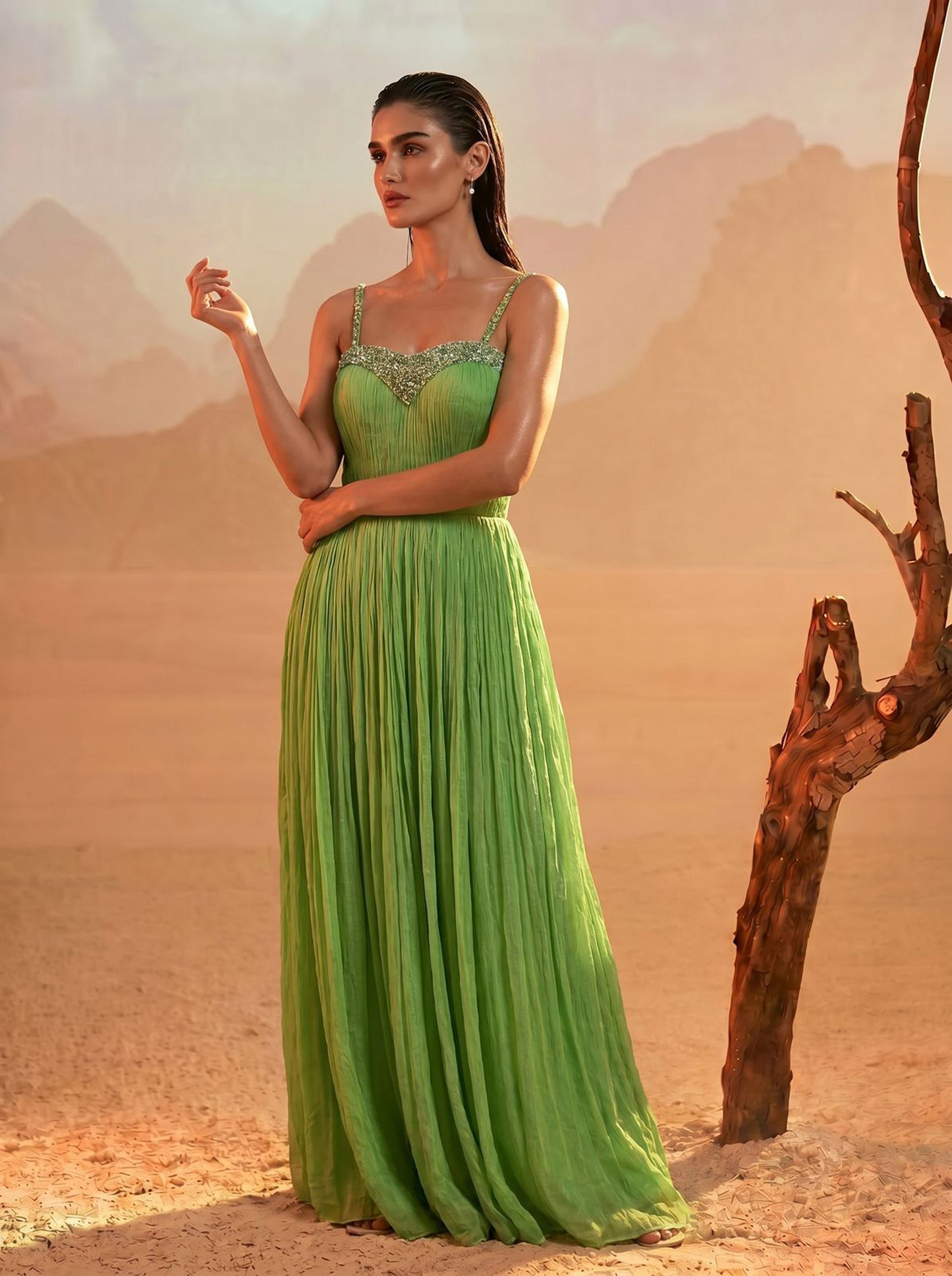 Off-Shoulder Tea-Green  Pure Chinnon Party Wear  Pleated Gown