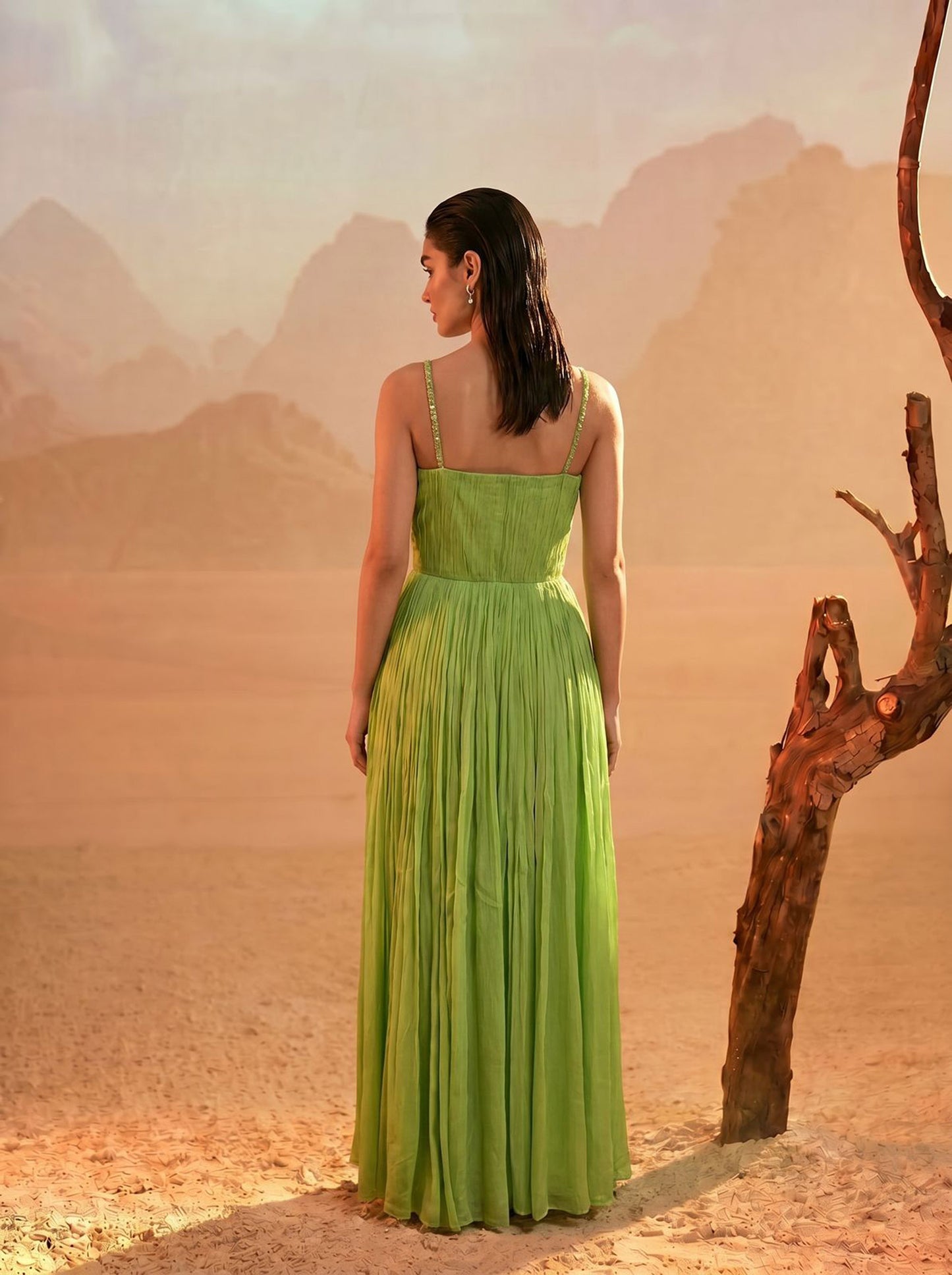Off-Shoulder Tea-Green  Pure Chinnon Party Wear  Pleated Gown