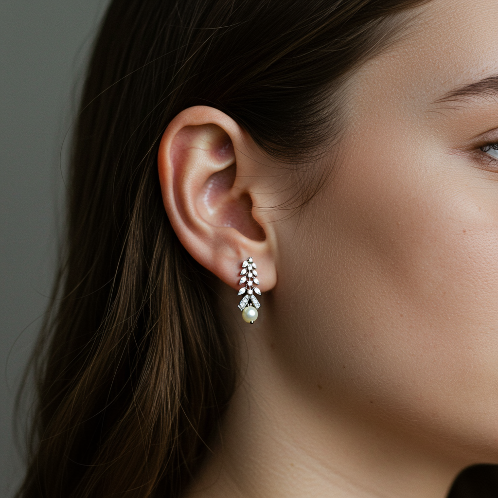 Zevar Club Rhodium-Plated Handcrafted Cubic Zirconia & Pearl Drop Earrings with Leaf Design