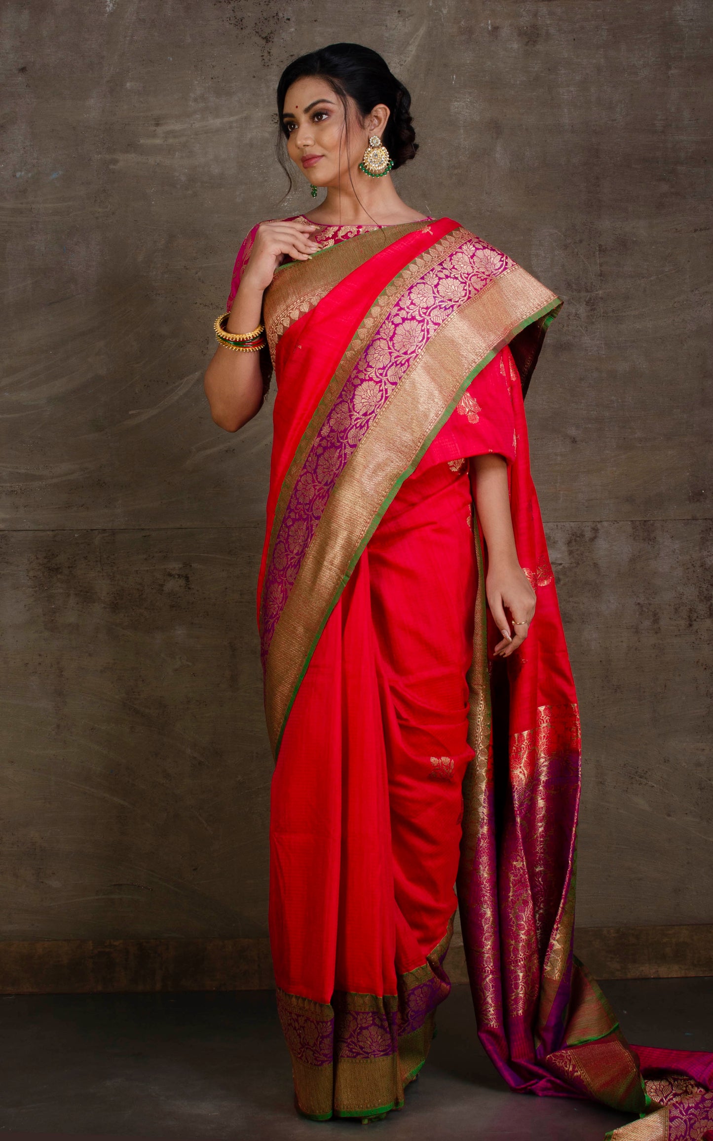 Meenakari Border Dupion Tussar Banarasi Saree in Bright Red, Purple and Forest Green