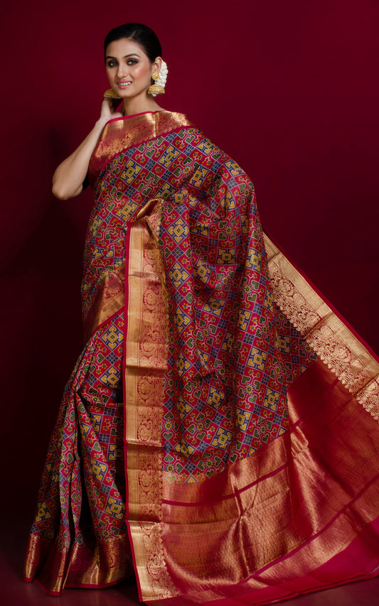 Printed Patola Tussar Banarasi Saree in Pomegranate Red, Multicolored and Gold Zari Work
