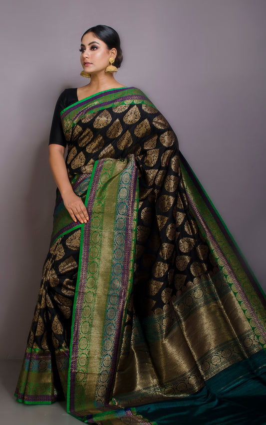 Premium Quality Tussar Silk Brocade Jamdani Saree in Black, Green, Purple, Cyan and Antique Gold