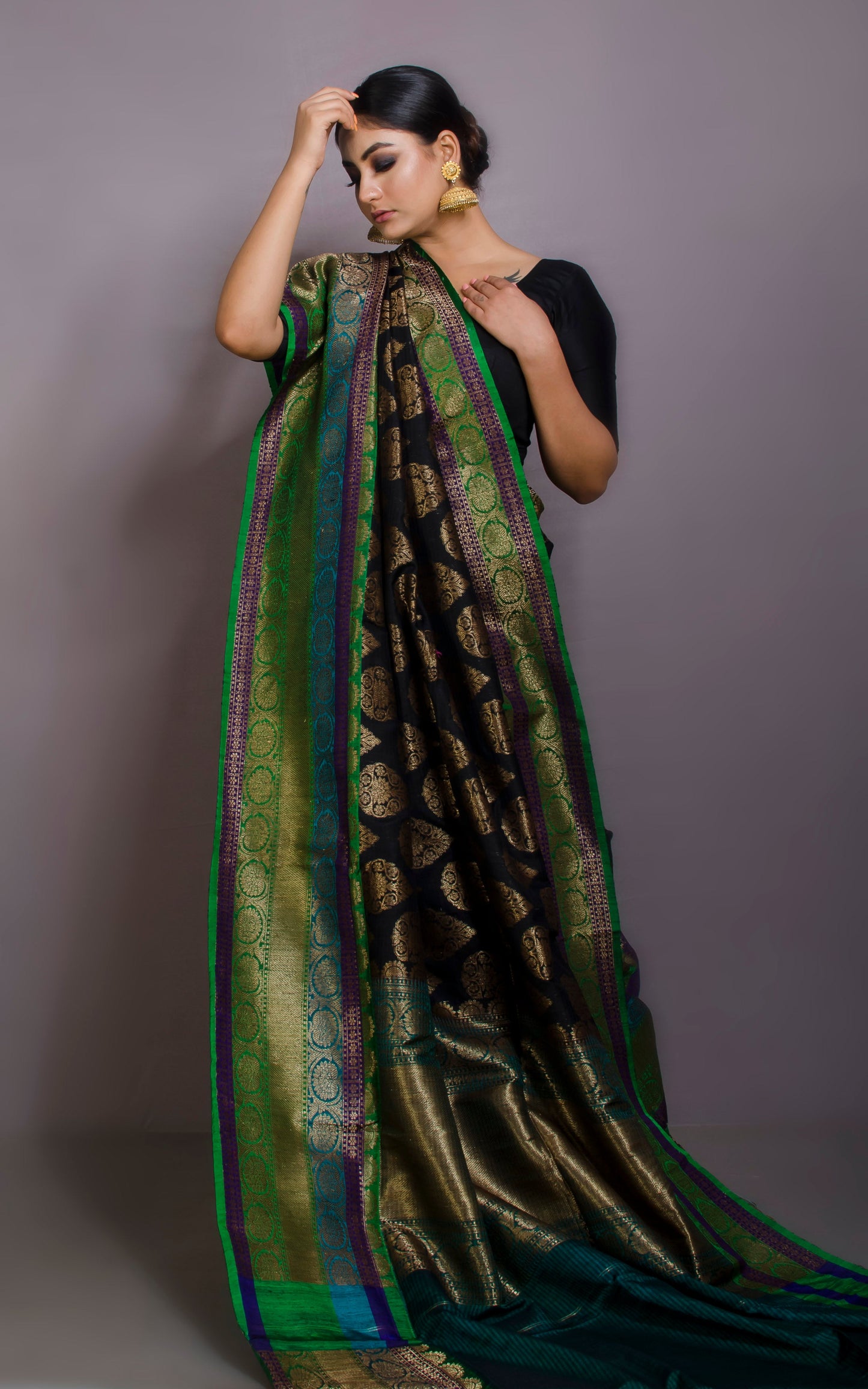 Premium Quality Tussar Silk Brocade Jamdani Saree in Black, Green, Purple, Cyan and Antique Gold