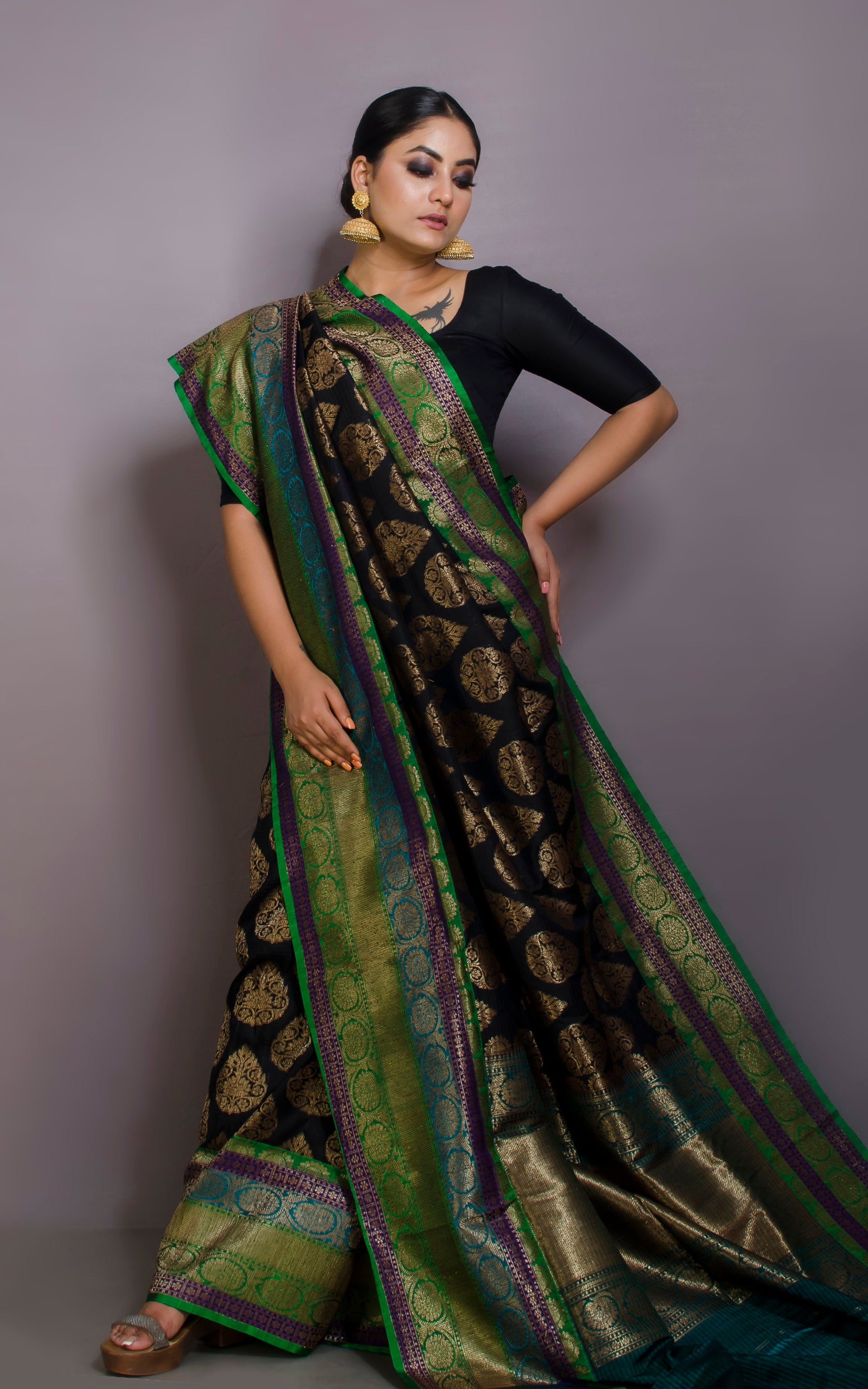 Premium Quality Tussar Silk Brocade Jamdani Saree in Black, Green, Purple, Cyan and Antique Gold