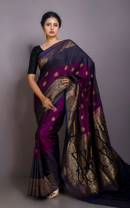 Woven Koniya Nakshi Motif Work Tussar Banarasi Saree in Purple, Dark Blue, Green and Antique Gold Zari