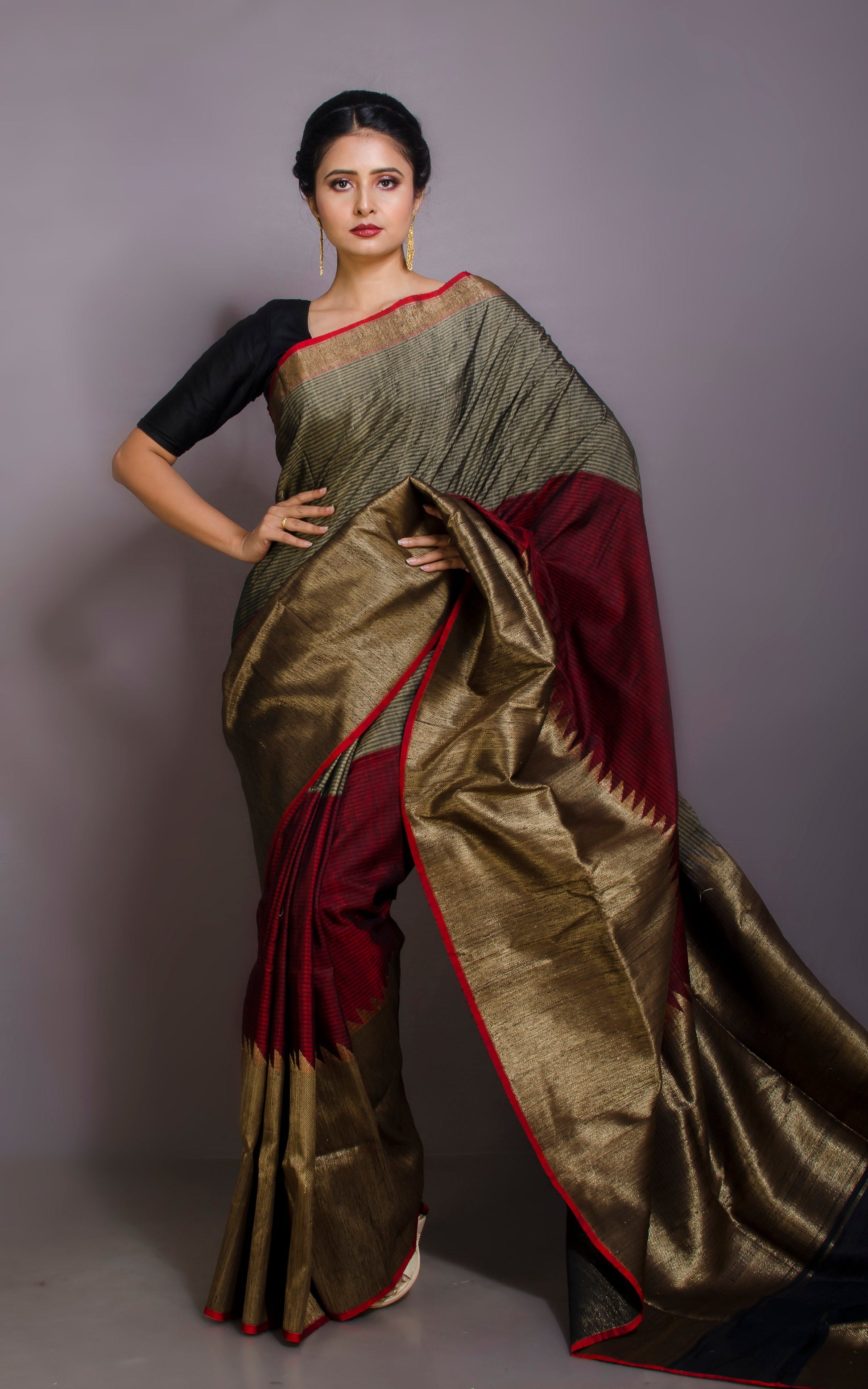 Woven Mahapar Nakshi Motif Work Tussar Banarasi Saree in Beige, Black, Dark Maroon and Antique Gold Zari