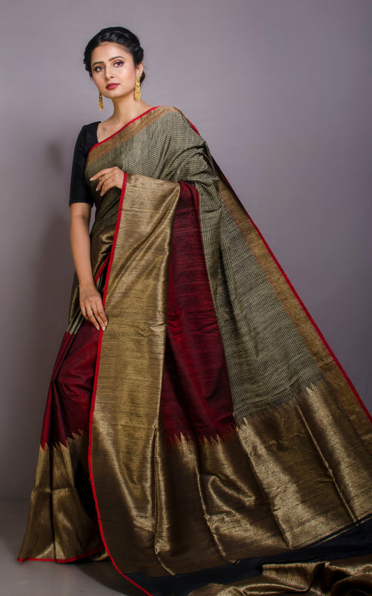 Woven Mahapar Nakshi Motif Work Tussar Banarasi Saree in Beige, Black, Dark Maroon and Antique Gold Zari