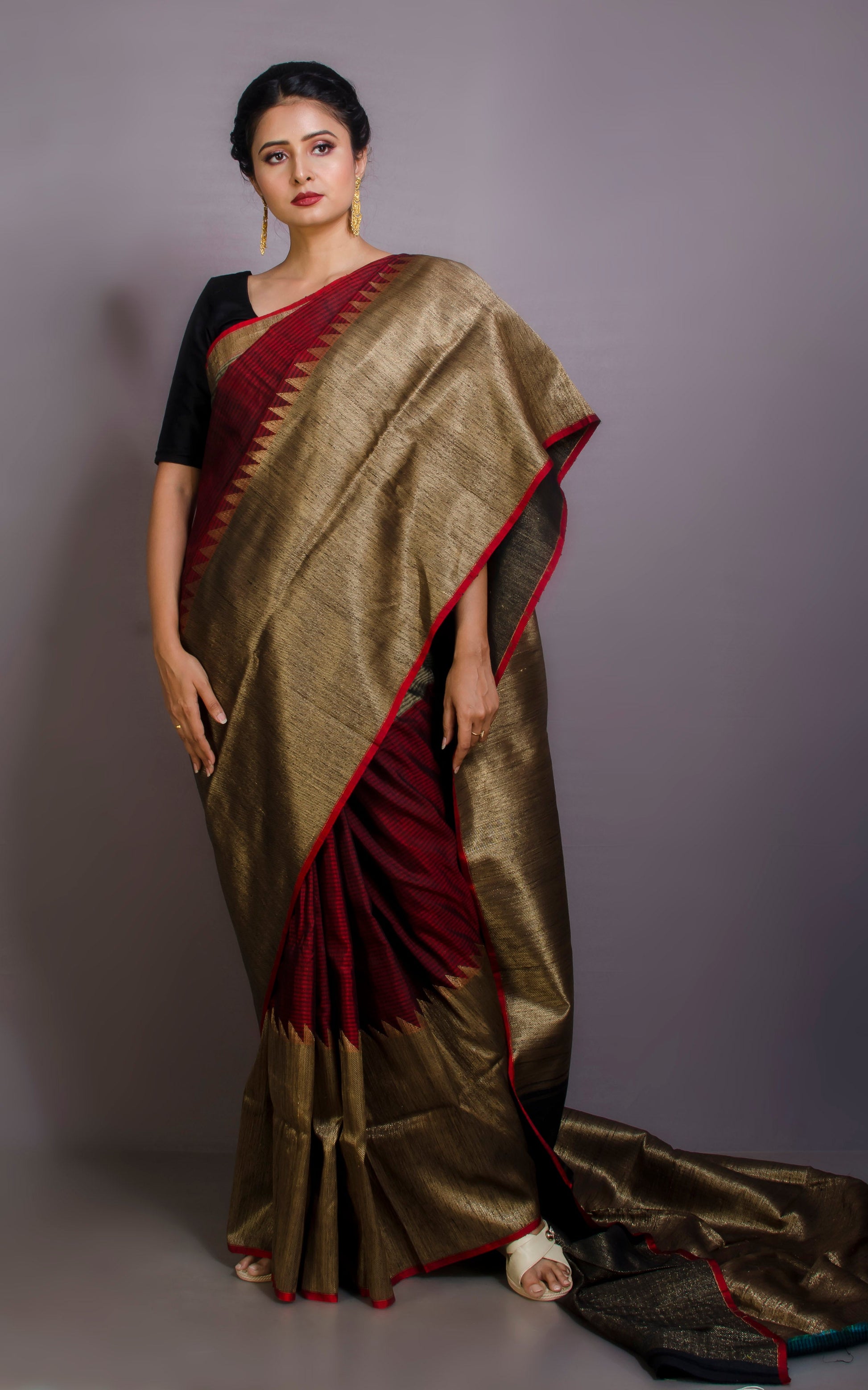 Woven Mahapar Nakshi Motif Work Tussar Banarasi Saree in Beige, Black, Dark Maroon and Antique Gold Zari