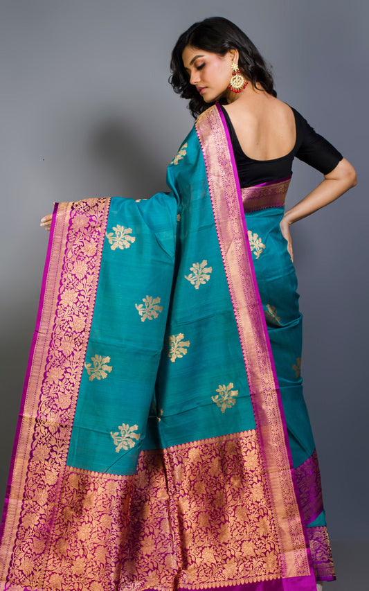 Premium Tussar Banarasi Saree in Bondi Blue and Lollipop Purple