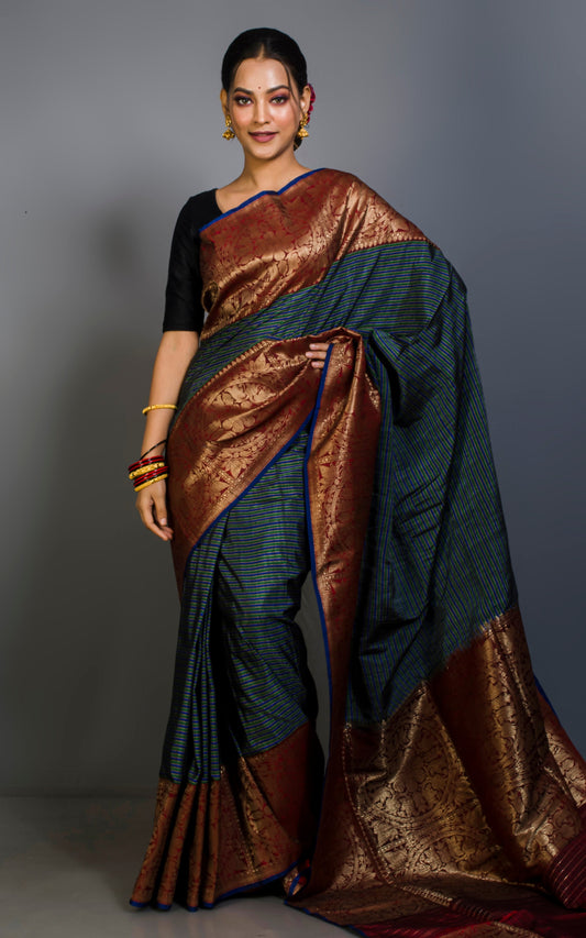 Valkalam Dupion Tussar Banarasi Saree in Royal Blue, Dark Green and rustic Red