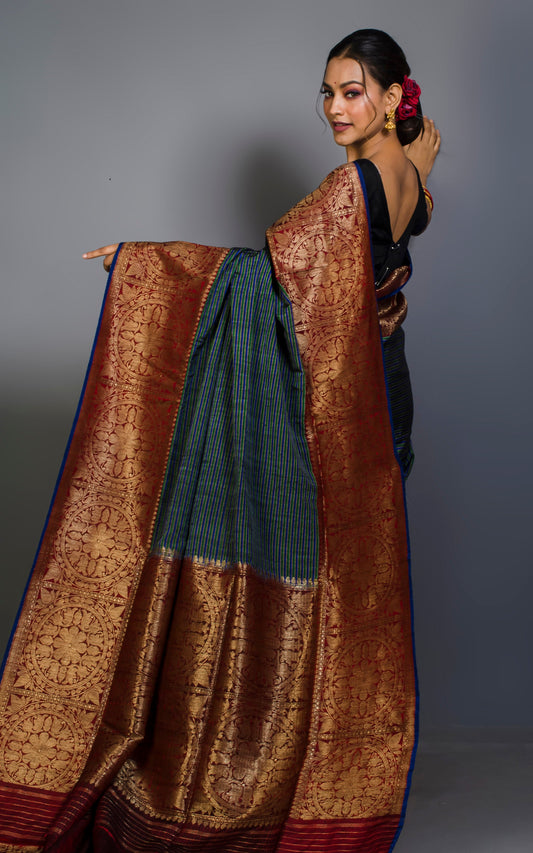 Valkalam Dupion Tussar Banarasi Saree in Royal Blue, Dark Green and rustic Red