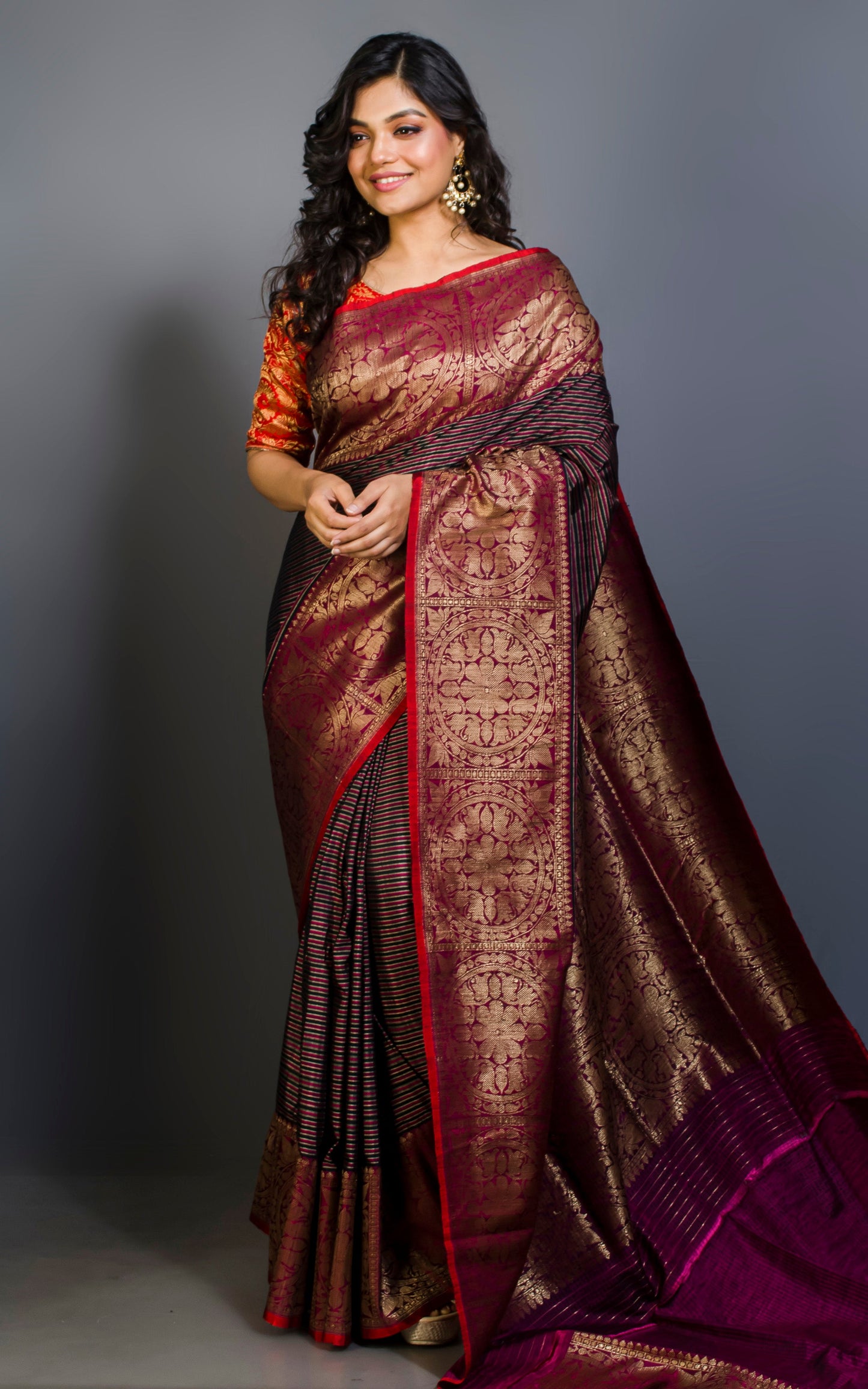 Valkalam Dupion Tussar Banarasi Saree in Beige, Black and Burgundy