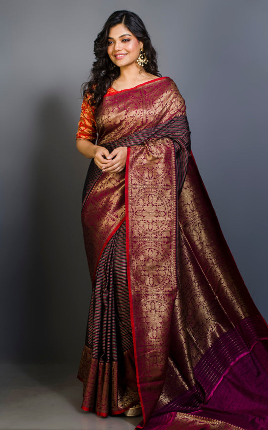 Valkalam Dupion Tussar Banarasi Saree in Beige, Black and Burgundy