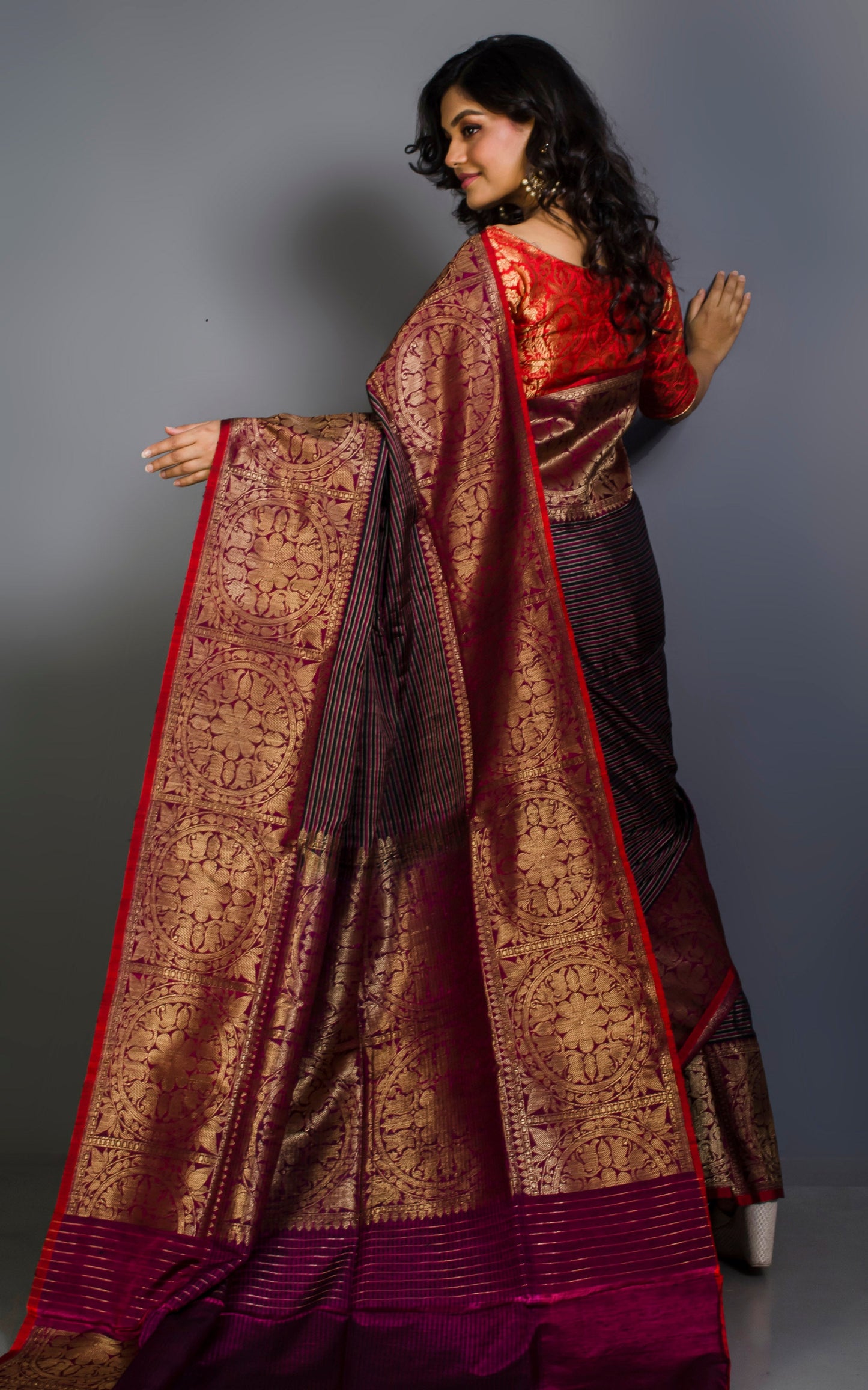 Valkalam Dupion Tussar Banarasi Saree in Beige, Black and Burgundy