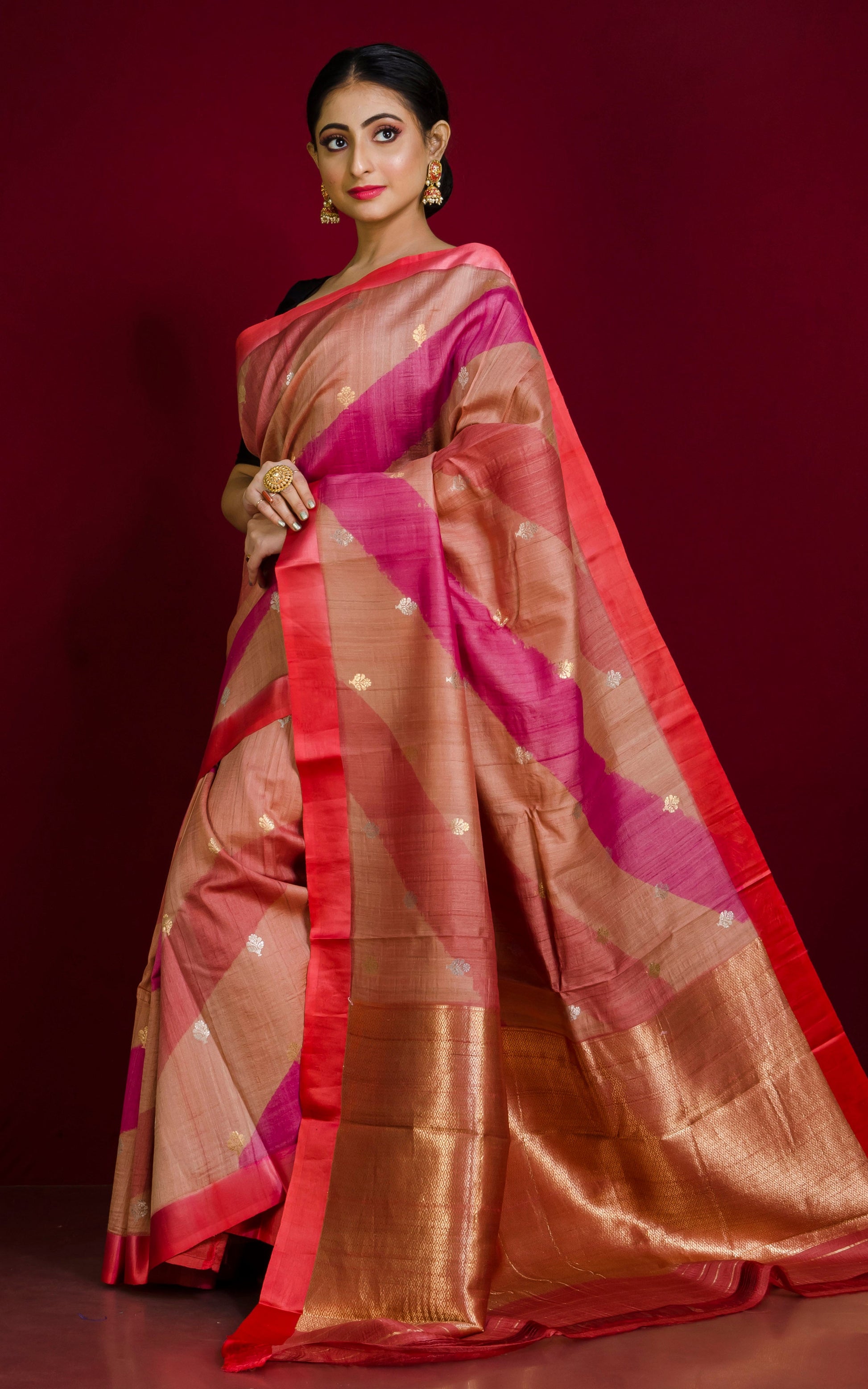 Premium Quality Rangkart Tussar Banarasi Saree in Burnt Sienna, Beige, Fuscia and Coral Orange