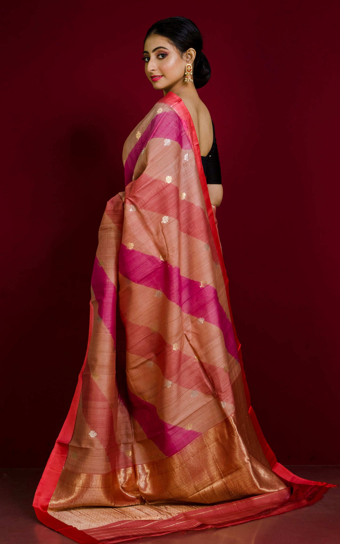 Premium Quality Rangkart Tussar Banarasi Saree in Burnt Sienna, Beige, Fuscia and Coral Orange