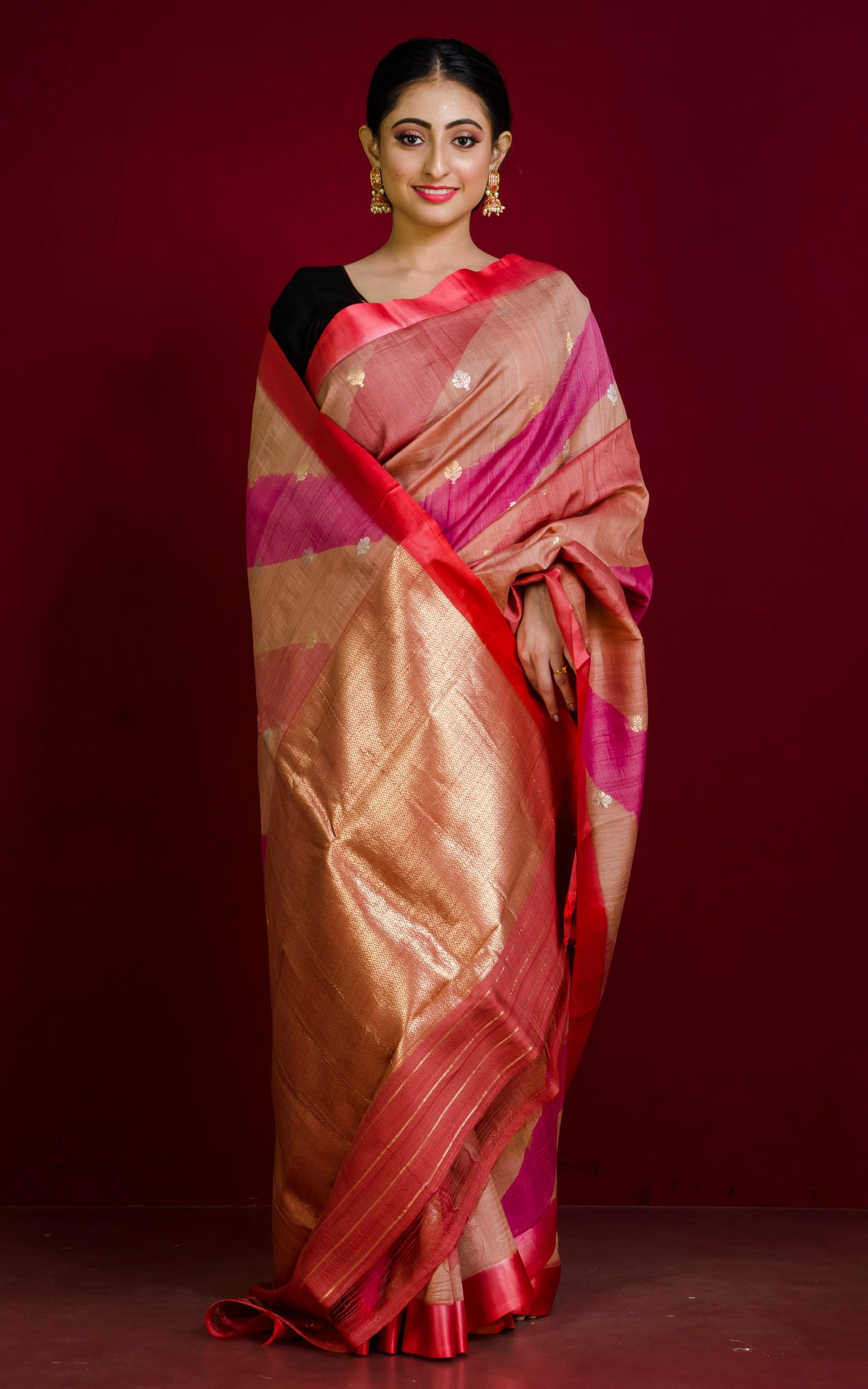 Premium Quality Rangkart Tussar Banarasi Saree in Burnt Sienna, Beige, Fuscia and Coral Orange