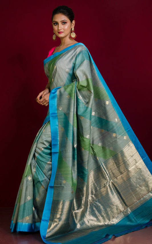 Premium Quality Rangkart Tussar Banarasi Saree in Smoke Grey, Icy Blue, Pear Green and Sky Blue
