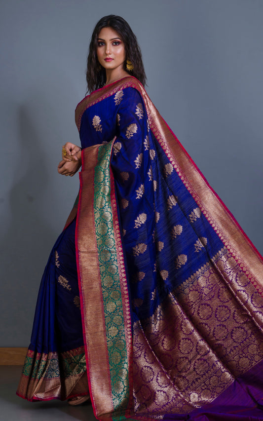 Meenakari Border Dupion Tussar Banarasi Saree in Admiral Blue, Red, Rama Green and Purple