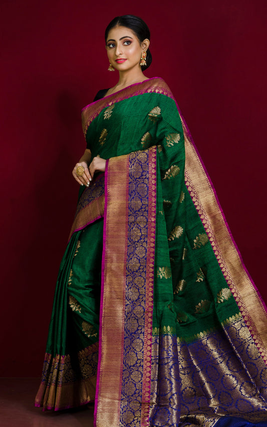 Meenakari Border Dupion Tussar Banarasi Saree in Dark Green, Purple and Navy Blue