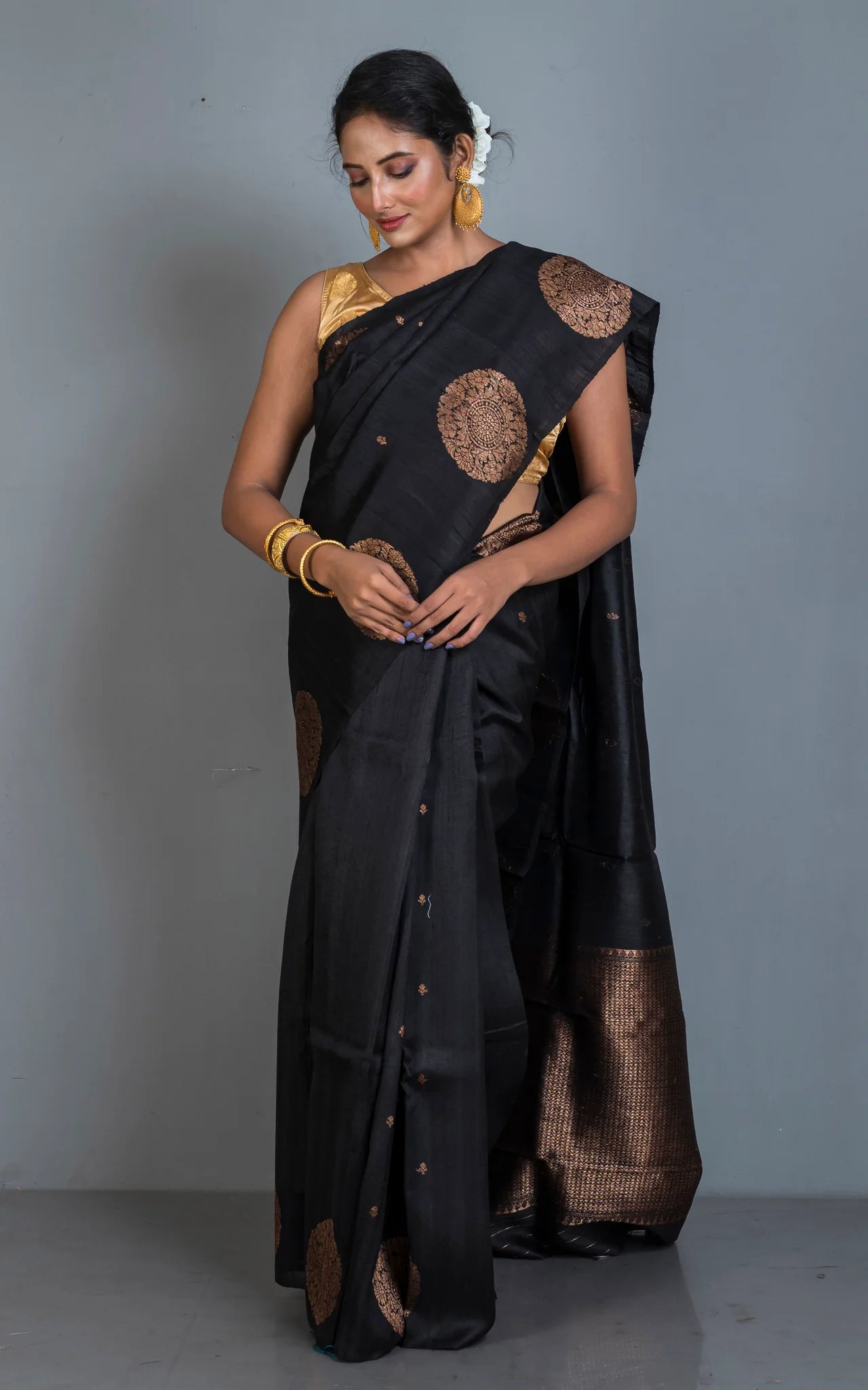 Woven Chakram Nakshi Motif Designer Tussar Banarasi Saree in Black and Antique Golden