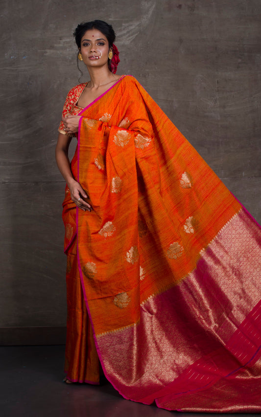 Tussar Banarasi Designer Poth Saree in Fire Orange and Hot Pink