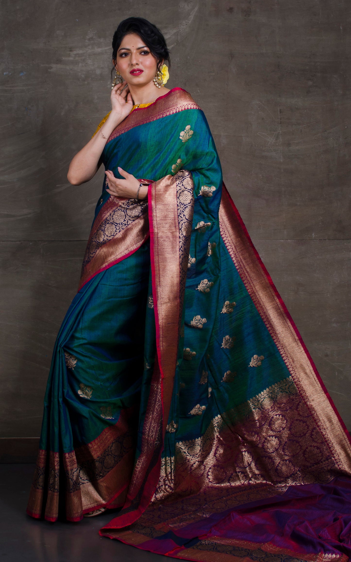 Meenakari Border Dupion Tussar Banarasi Saree in Peacock Green, Dark Blue and Red