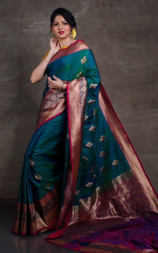 Meenakari Border Dupion Tussar Banarasi Saree in Peacock Green, Dark Blue and Red