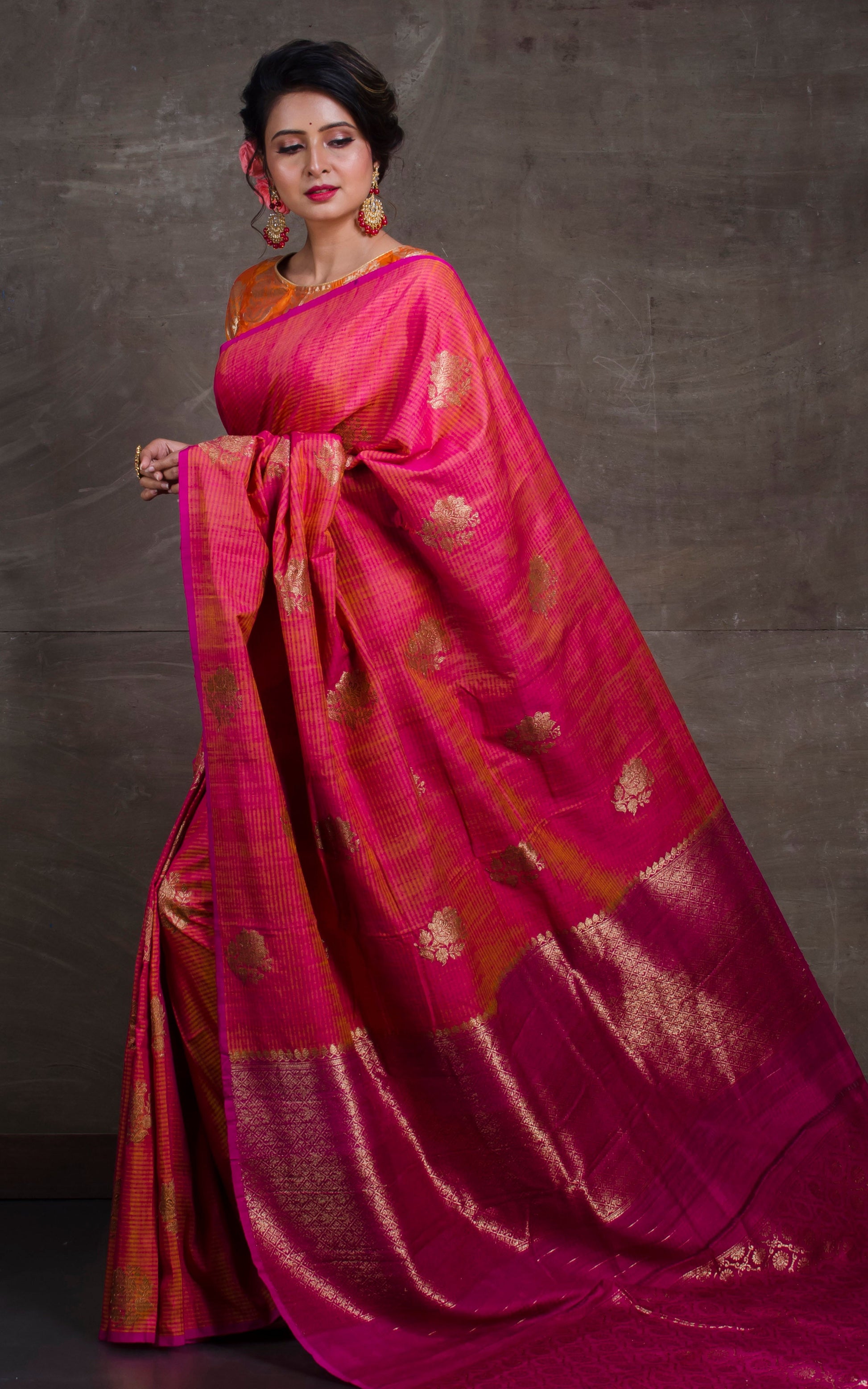 poth saree Tussar Banarasi Designer Poth Saree in Magenta and Antique Gold – Mohi fashion