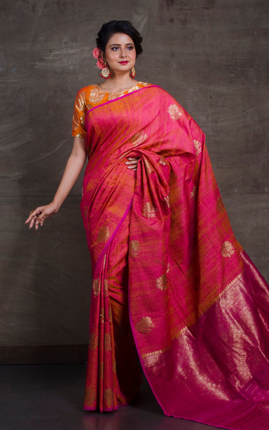 Tussar Banarasi Designer Poth Saree in Magenta and Antique Gold