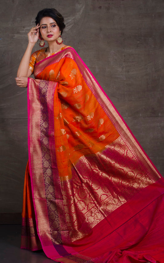 Meenakari Border Dupion Tussar Banarasi Saree in Orange and Hot Pink