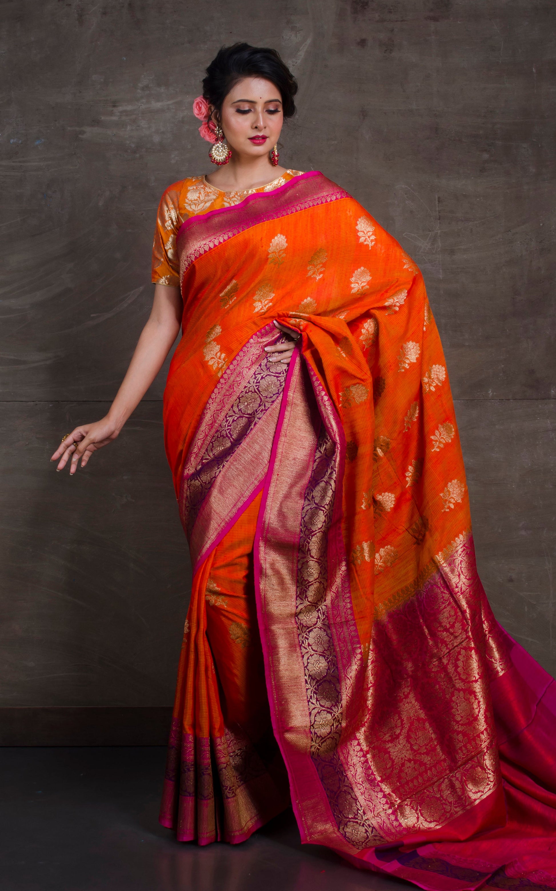 Meenakari Border Dupion Tussar Banarasi Saree in Orange and Hot Pink