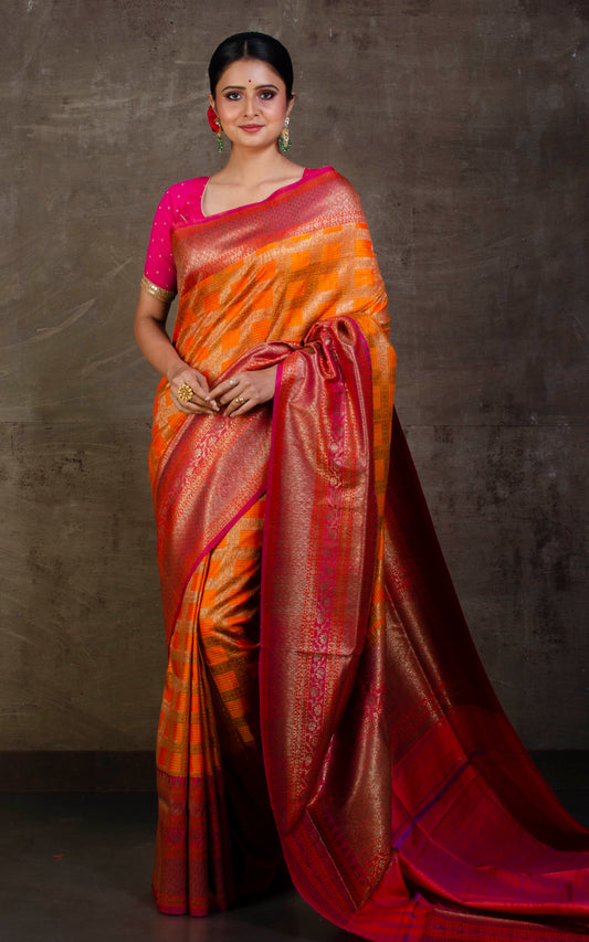 Tussar Banarasi Saree in Apricot Orange, Hot Pink and Red
