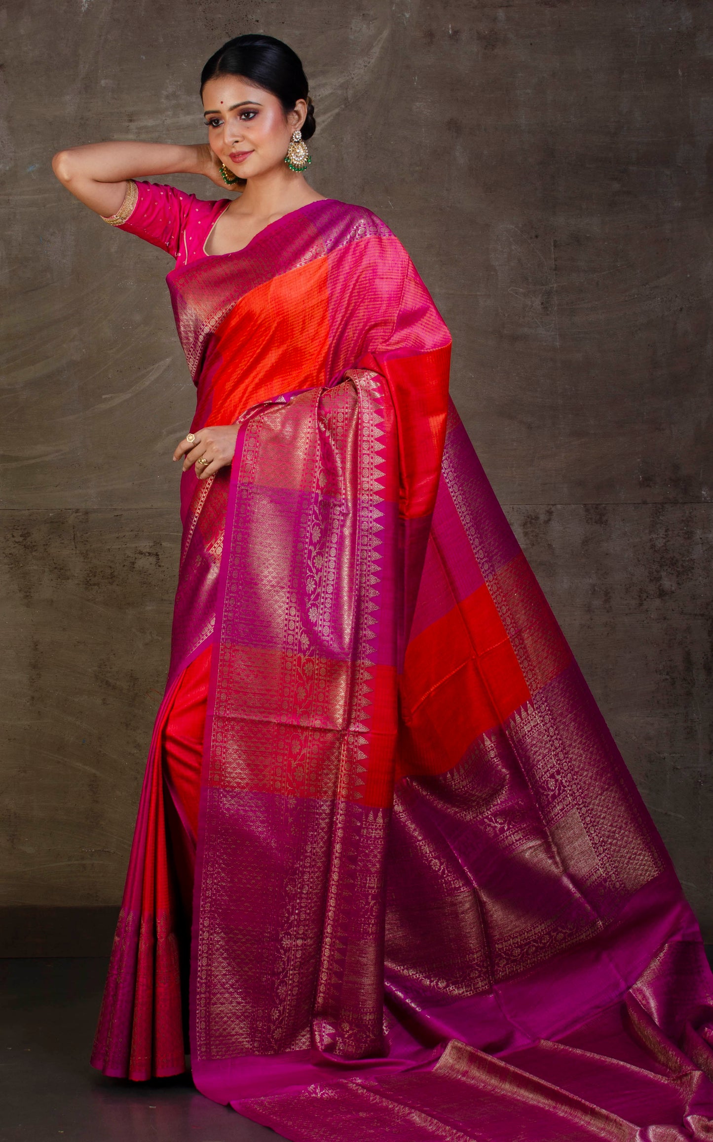 Designer Tussar Banarasi Fire Orange and Magenta