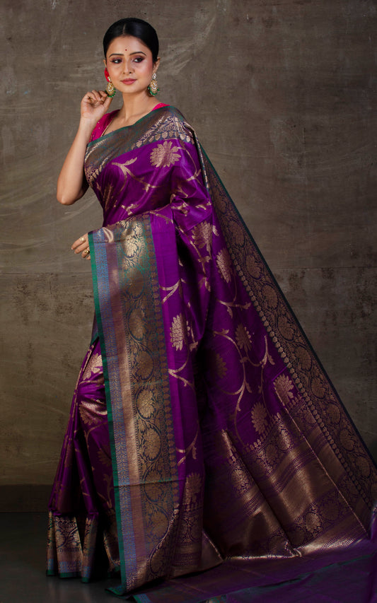 Premium Quality Tussar Silk Brocade Jamdani Saree in Purple, Antique Gold and Fern Green
