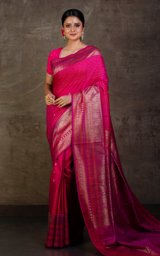 Woven Koniya Nakshi Motif Work Tussar Banarasi Saree in Hot Pink, Rust Orange and Antique Gold Zari