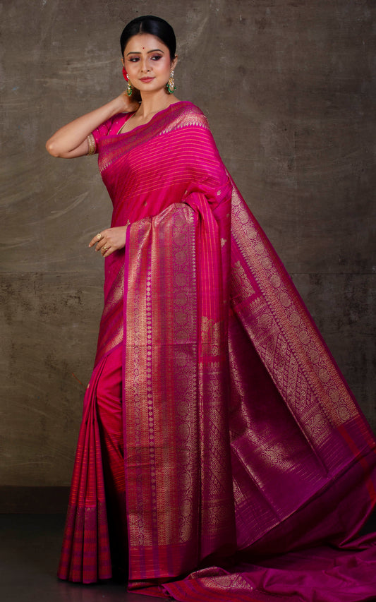 Woven Koniya Nakshi Motif Work Tussar Banarasi Saree in Hot Pink, Rust Orange and Antique Gold Zari
