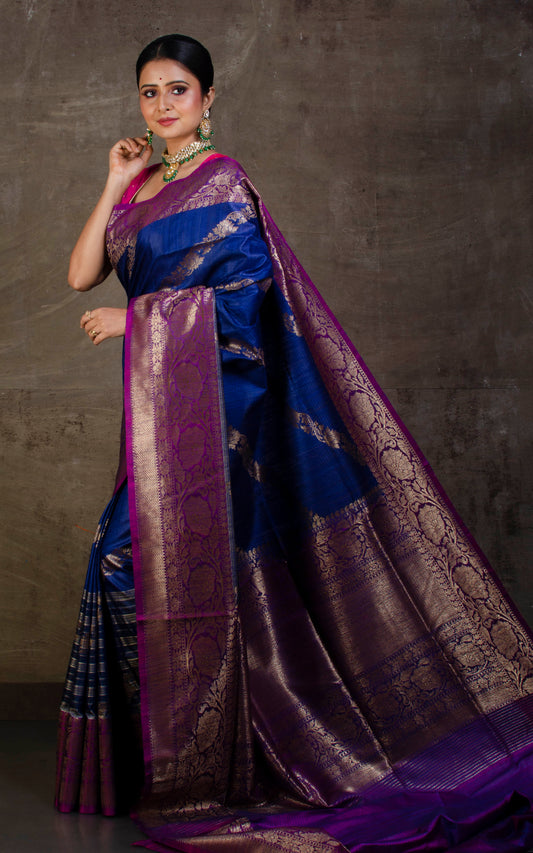Handwoven Aara Jamdani Work Tussar Banarasi Saree in Deep Blue, Silver Grey and Purple